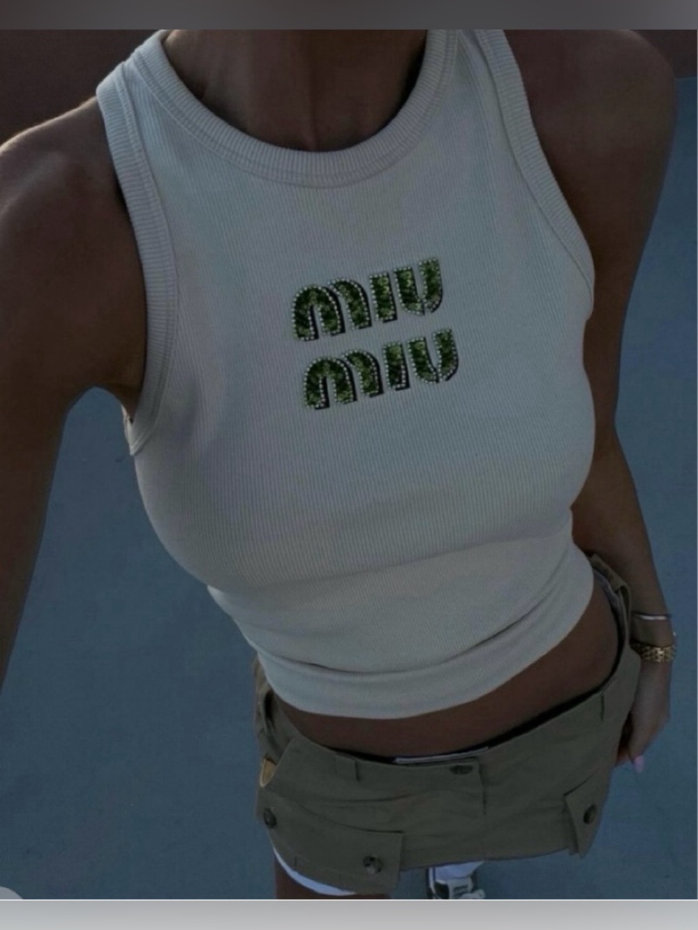 Ribbed jersey top with embroidered logo and matching sequin skirt